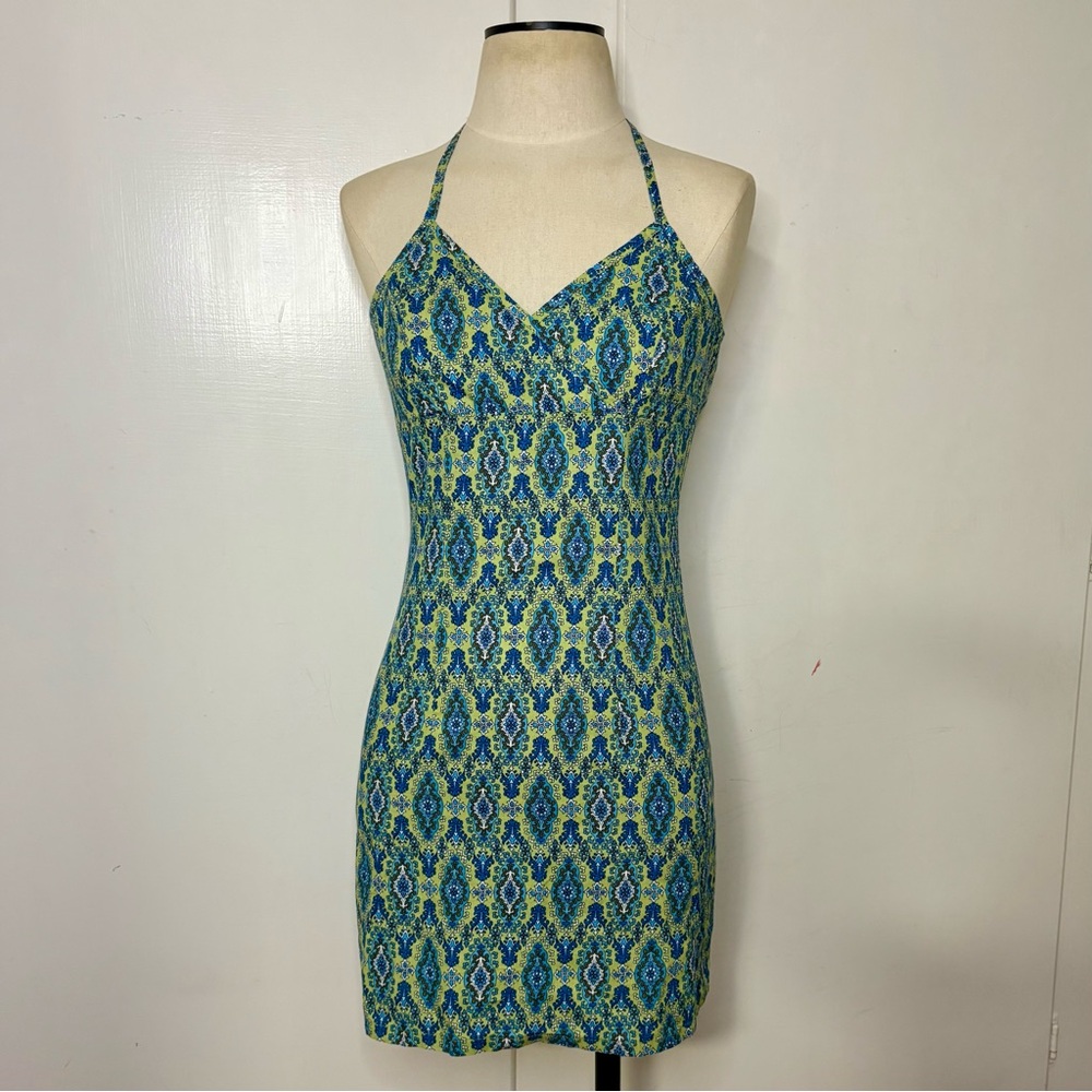 Vintage 90s/Y2K Byer Blue Green Boho Printed Halter Mini Dress